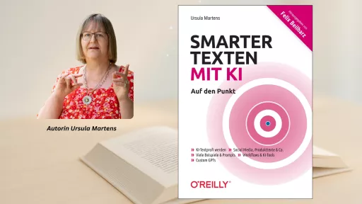 „Smarter texten mit KI“ von Ursula Martens, erschienen im Rheinwerk Verlag. Modernes Design mit klarer Typografie und neutralem Hintergrund. Der Titel steht im Fokus und betont die Verbindung von professionellem Schreiben und künstlicher Intelligenz.